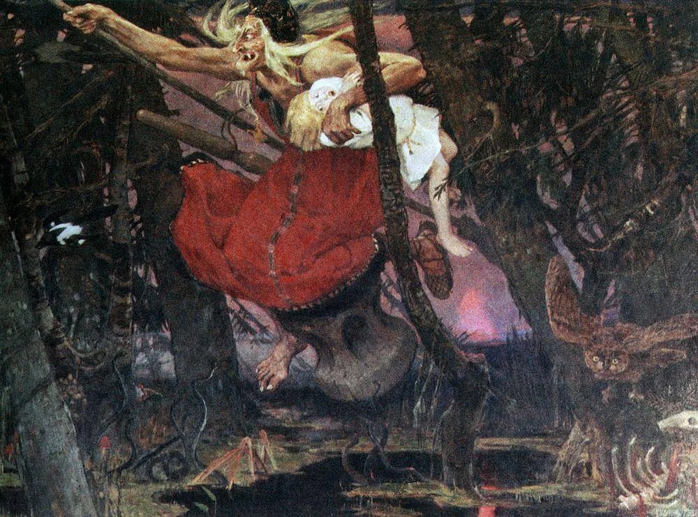 A painting of Baba Yaga flying low through a dark forest in a mortar, gripping a child in white under one arm. She wears a red dress; an owl watches from a branch on the right and the sky behind burns pink.
